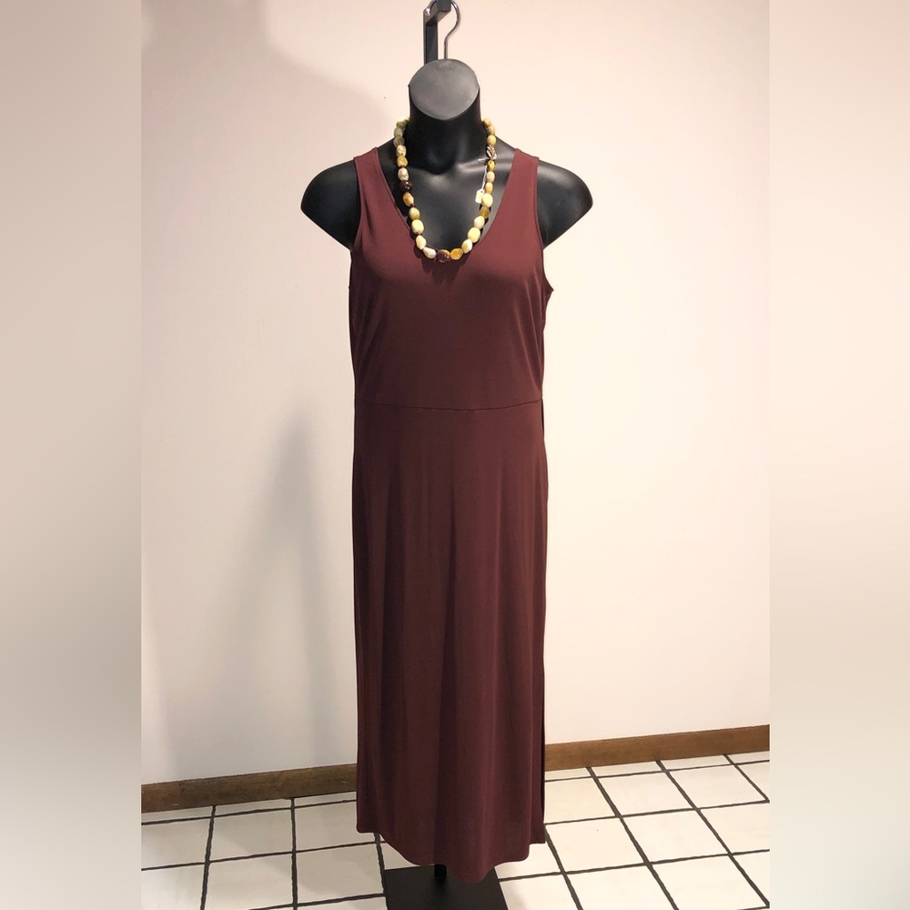 Petite faux wrap dress, size large petite, brownish, burgundy, color.